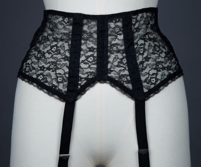 Black Nylon Lace Suspender Belt By Snap, c. 1950s, USA. The Underpinnings Museum. Photography by Tigz Rice