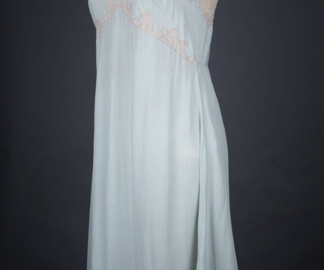 Eau De Nil Silk Crepe & Lace Appliqué Slip, c. 1930s, Great Britain. The Underpinnings Museum. Photography by Tigz Rice