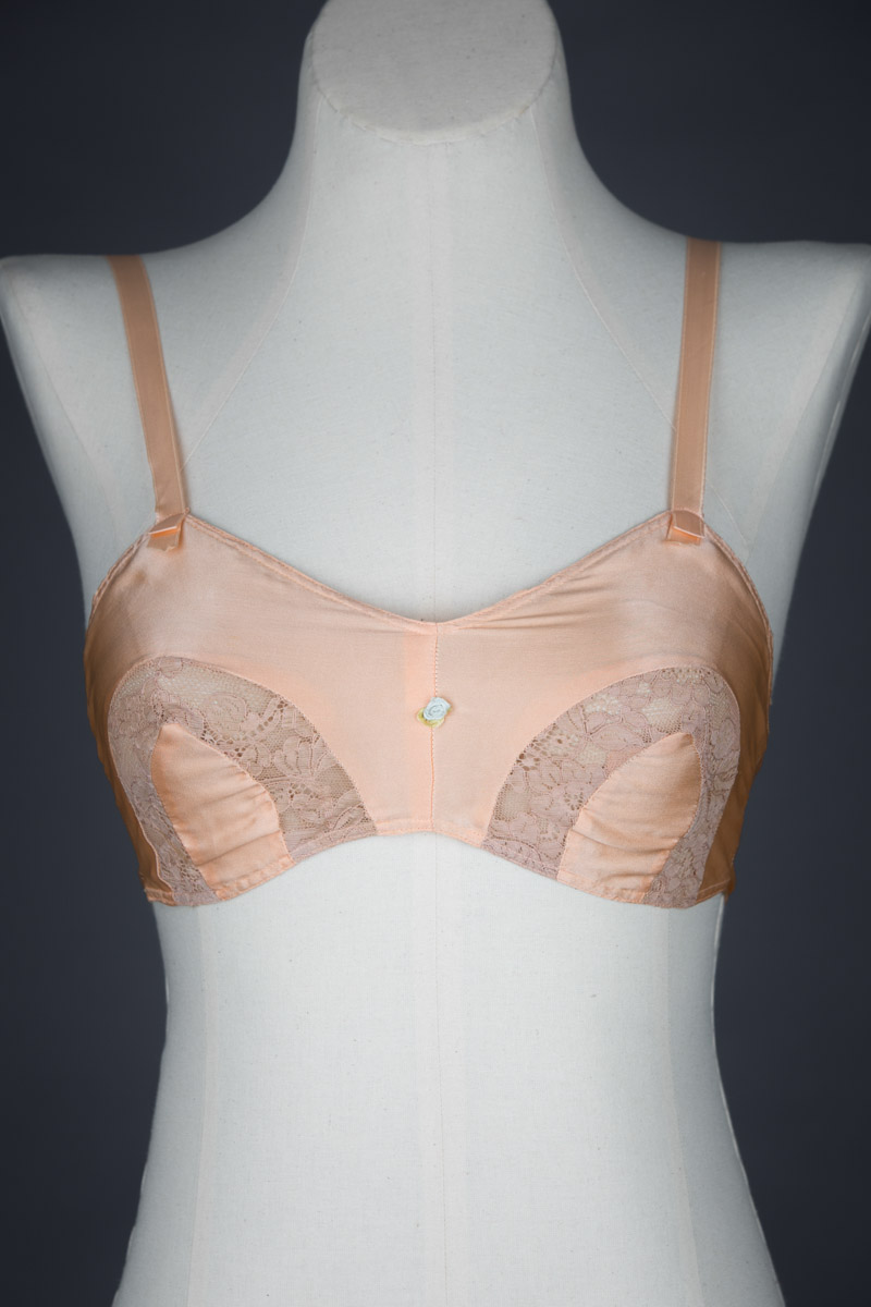 Peach Silk & Horseshoe Lace Insert Bra, c. 1930s, USA. The Underpinnings Museum. Photography by Tigz Rice