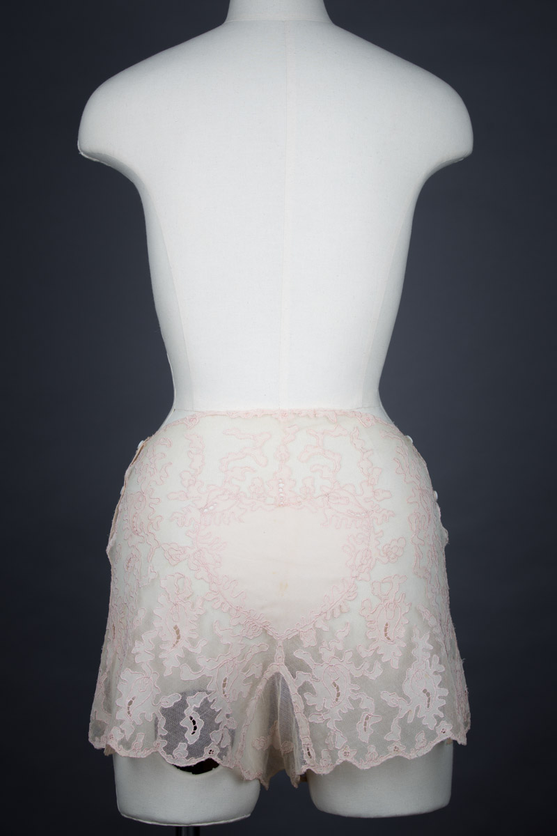 Bobbinet Tulle & Silk Georgette Appliqué Tap Pants, c. 1930s, Great Britain. The Underpinnings Museum. Photography by Tigz Rice.