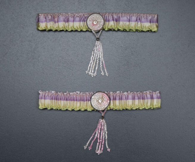 Striped Silk Ribbon Garters With Beaded Tassels, c. 1930s, Great Britain. The Underpinnings Museum. Photography by Tigz Rice