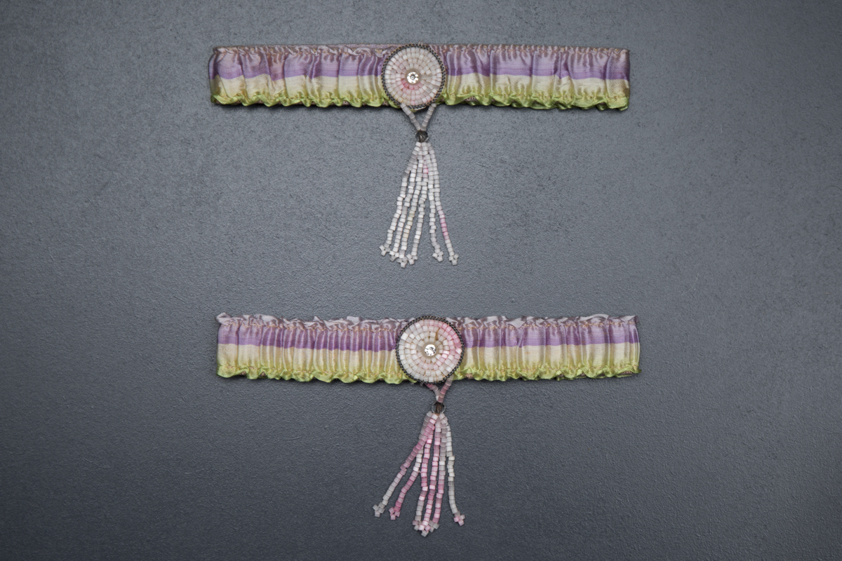 Striped Silk Ribbon Garters With Beaded Tassels, c. 1930s, Great Britain. The Underpinnings Museum. Photography by Tigz Rice