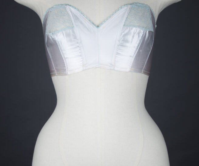 Pale Blue Satin Cathedral Bra By St. Michael, c. 1950s, Great Britain. The Underpinnings Museum. Photography by Tigz Rice