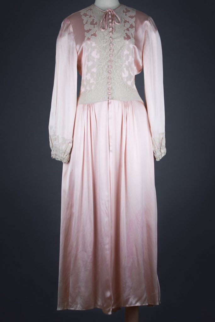 Rayon Satin & Lace Appliqué Full Sleeve Dressing Gown, c.1940s, Great Britain. The Underpinnings Museum. Photography by Tigz Rice
