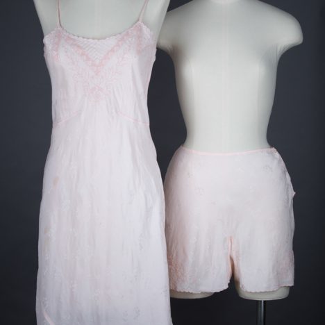 Embroidered, Bias Cut, Jacquard Silk Trousseau Slip & Tap Pants, c. 1930s, Great Britain. The Underpinnings Museum. Photography by Tigz Rice