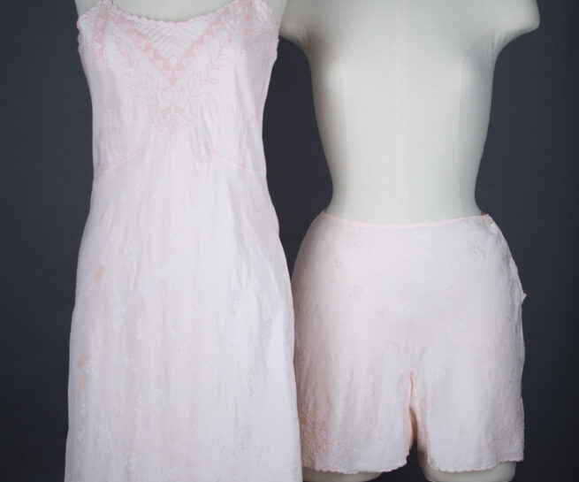 Embroidered, Bias Cut, Jacquard Silk Trousseau Slip & Tap Pants, c. 1930s, Great Britain. The Underpinnings Museum. Photography by Tigz Rice