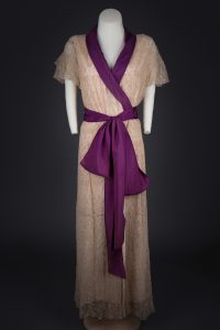 Ecru Embroidered Tulle Wrap Robe With Purple Silk Sash, c. 1920s. The Underpinnings Museum. Photography by Tigz Rice.