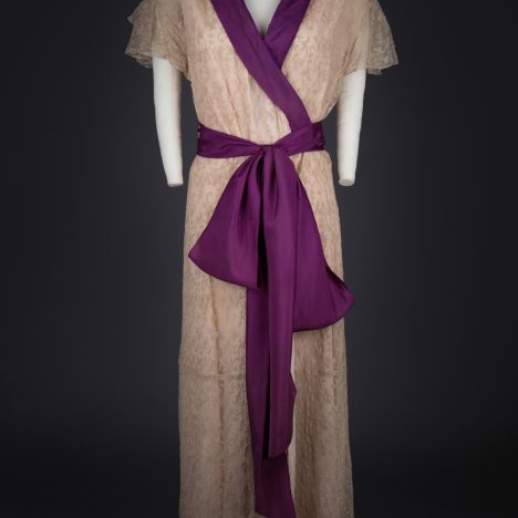Ecru Embroidered Tulle Wrap Robe With Purple Silk Sash, c. 1920s. The Underpinnings Museum. Photography by Tigz Rice.