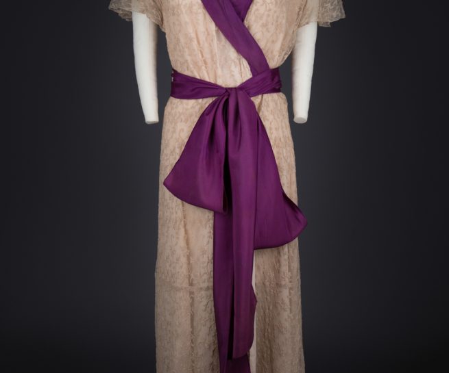 Ecru Embroidered Tulle Wrap Robe With Purple Silk Sash, c. 1920s. The Underpinnings Museum. Photography by Tigz Rice.