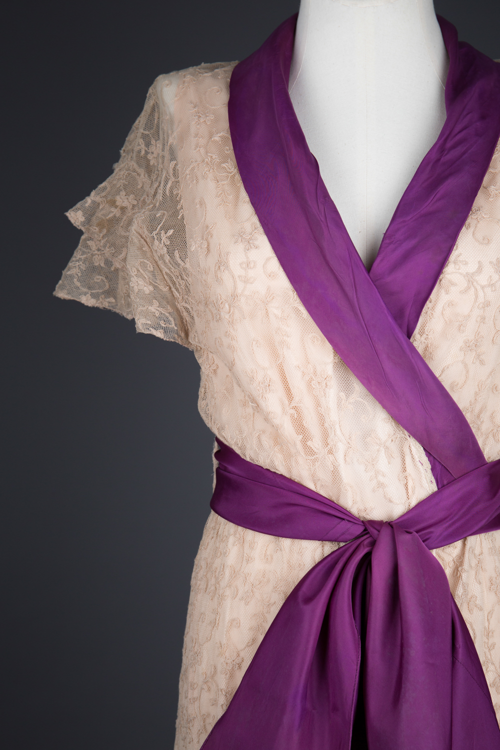 Ecru Embroidered Tulle Wrap Robe With Purple Silk Sash, c. 1920s. The Underpinnings Museum. Photography by Tigz Rice.