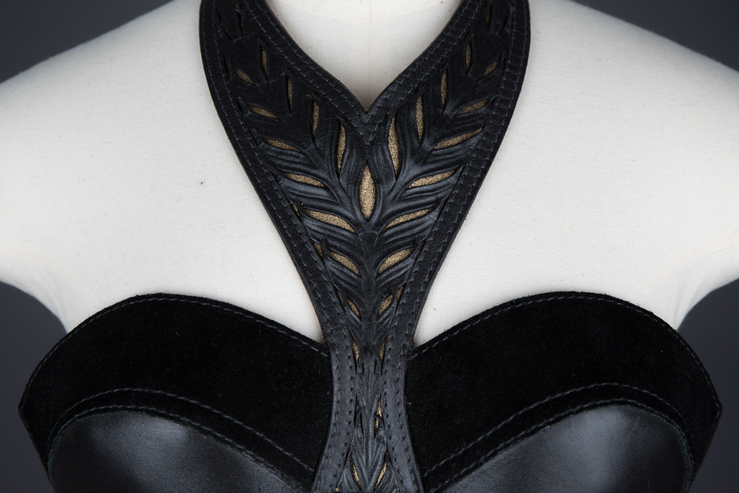 'Yatagarasu' Tooled Leather Bra by Cristiane Tano, 2015, Brazil. The Underpinnings Museum. Photography by Tigz Rice.