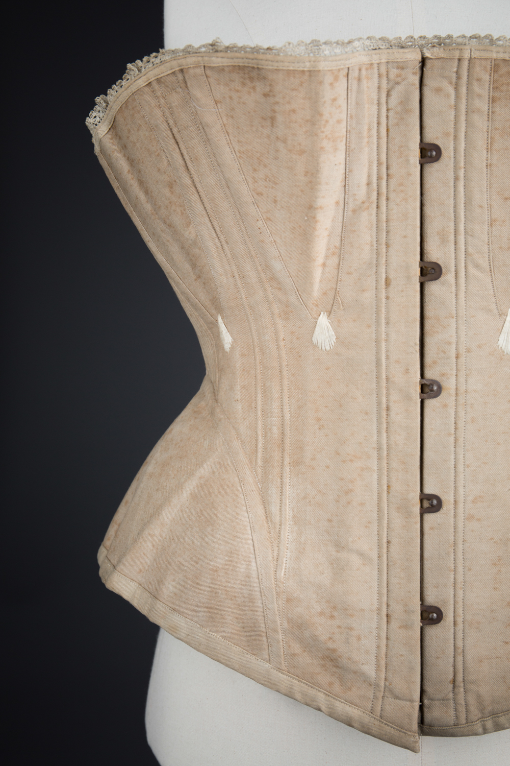 Ecru Cotton Twill Corset With Gores & White Flossing Embroidery, c. 1870s, Great Britain. The Underpinnings Museum. Photography by Tigz Rice.