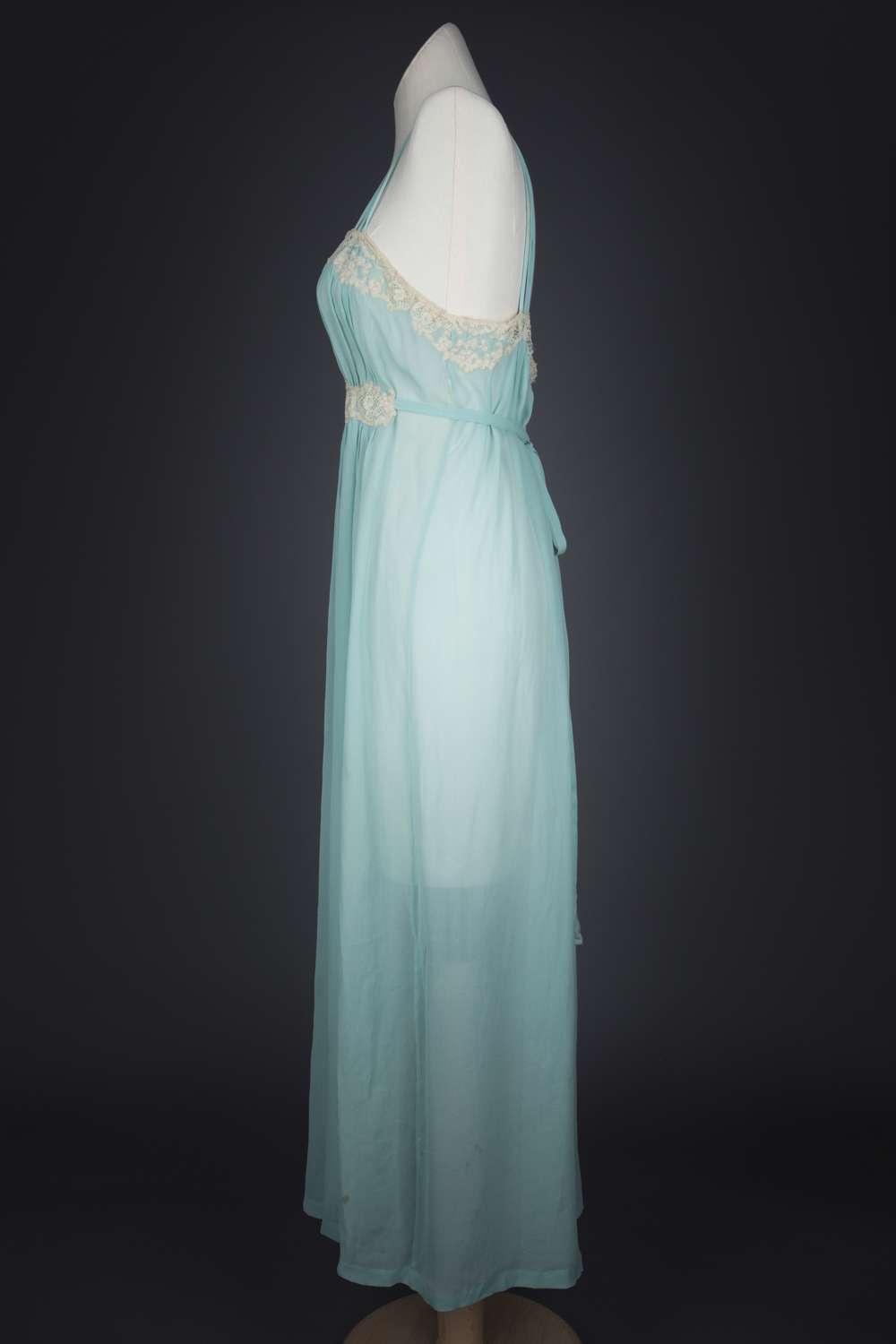Pleated Silk Georgette Gown With Lace Appliqué by Juel Park, c. 1940s, USA. The Underpinnings Museum. Photography by Tigz Rice.