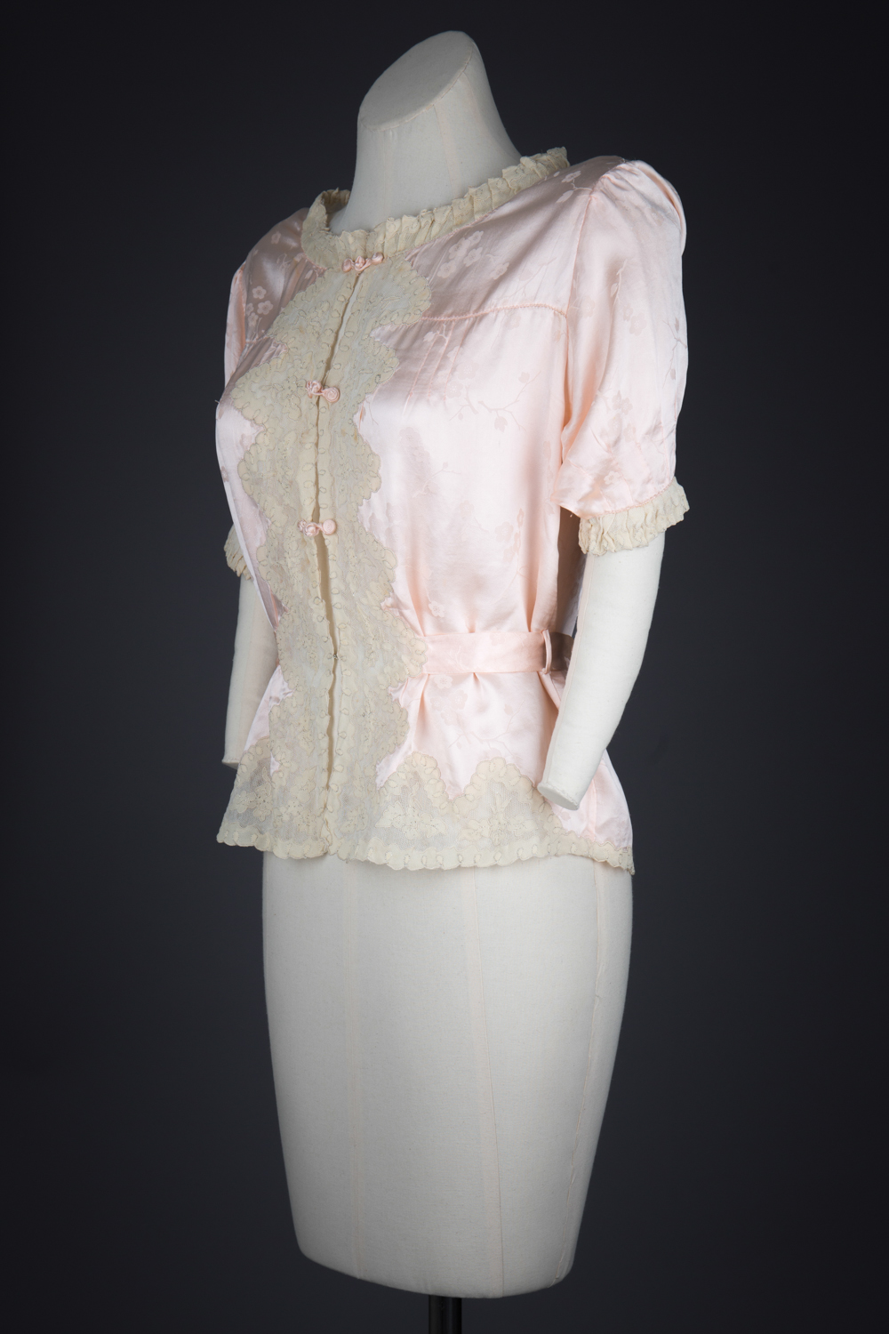 Jacquard Weave Cherry Blossom Silk Bed Jacket With Appliqué & Frog Fastenings, c. 1940s, Made in China for the USA market. The Underpinnings Museum. Photography by Tigz Rice.