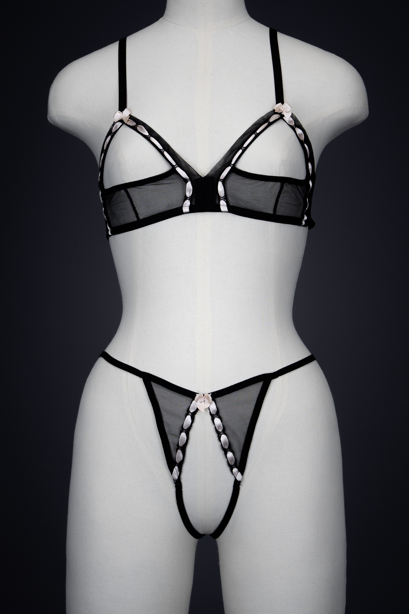 'Leila' Sheer Mesh & Satin Ribbon Slot Sling Bra & Thong By Agent Provocateur, 2005, France. The Underpinnings Museum. Photography by Tigz Rice 'Leila' Sheer Mesh & Satin Ribbon Slot Sling Bra & Thong By Agent Provocateur, 2005, France. The Underpinnings Museum. Photography by Tigz Rice