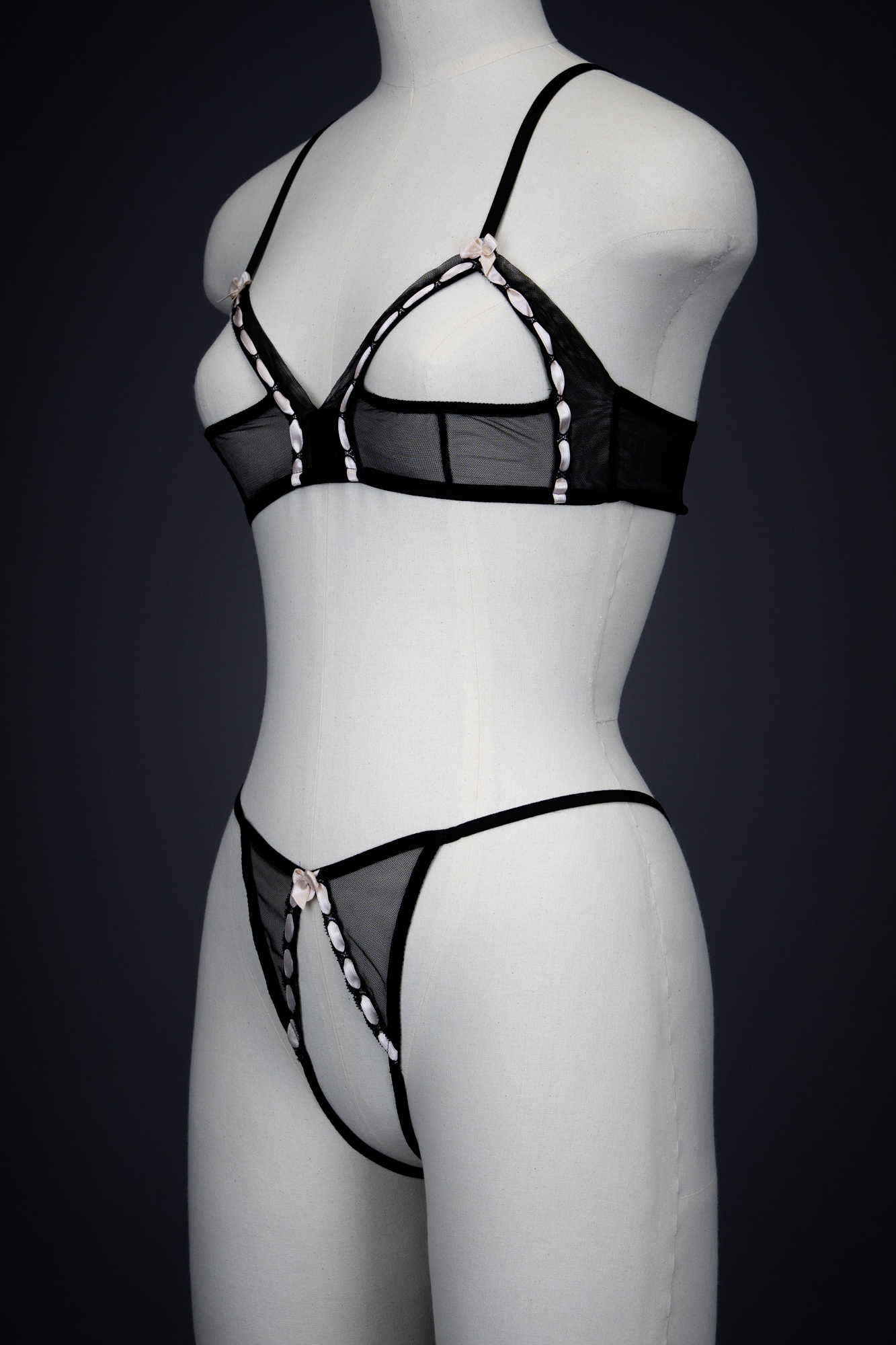 'Leila' Sheer Mesh & Satin Ribbon Slot Sling Bra & Thong By Agent Provocateur, 2005, France. The Underpinnings Museum. Photography by Tigz Rice 'Leila' Sheer Mesh & Satin Ribbon Slot Sling Bra & Thong By Agent Provocateur, 2005, France. The Underpinnings Museum. Photography by Tigz Rice