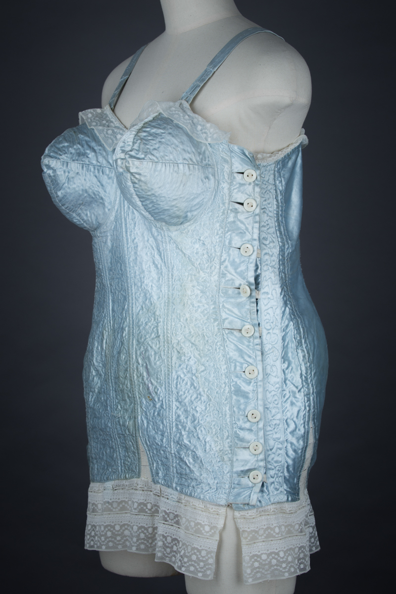 Pale Blue Satin Bullet Bra Corselet With Freehand Quilting, c. 1950s, Ukraine. The Underpinnings Museum. Photography by Tigz Rice.