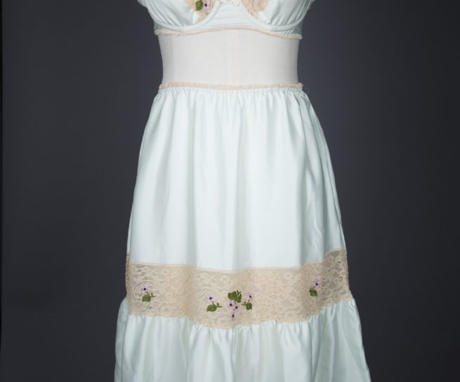 Embroidered Lace & Polyester Satin Bra & Half Slip Set By Janet Reger, c. 1970s, Great Britain. The Underpinnings Museum. Photography by Tigz Rice.