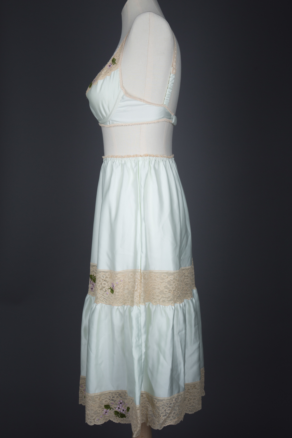 Embroidered Lace & Polyester Satin Bra & Half Slip Set By Janet Reger, c. 1970s, Great Britain. The Underpinnings Museum. Photography by Tigz Rice.