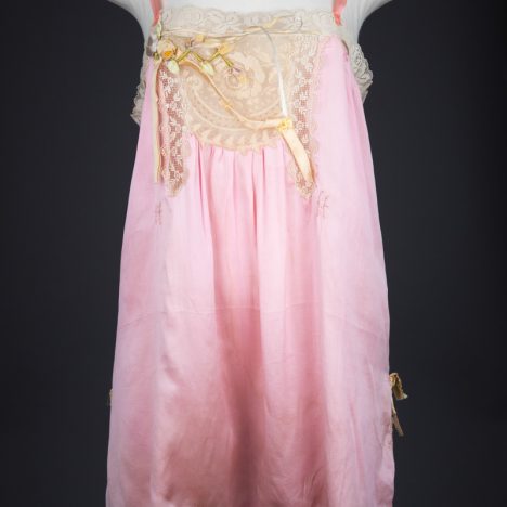 Pink Silk Step In Teddy With Lace Appliqué & Ribbonwork, c. 1920s, USA. The Underpinnings Museum. Photography by Tigz Rice