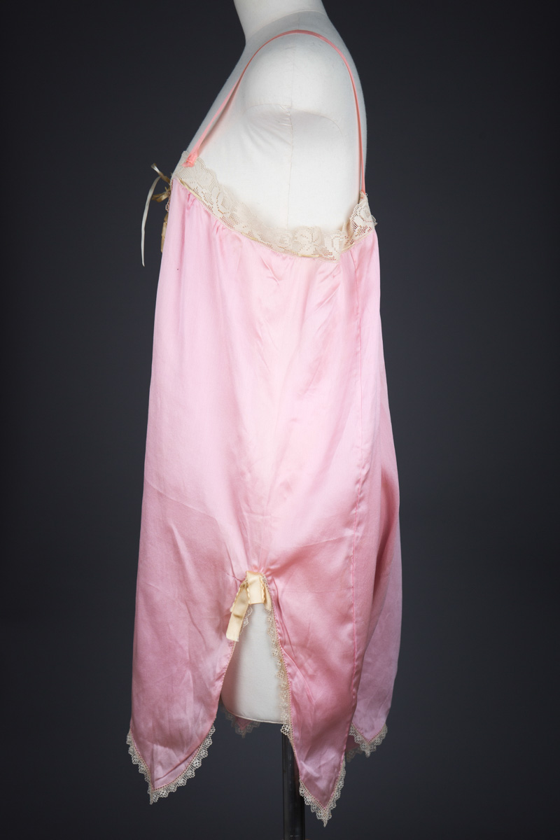 Pink Silk Step In Teddy With Lace Appliqué & Ribbonwork, c. 1920s, USA. The Underpinnings Museum. Photography by Tigz Rice