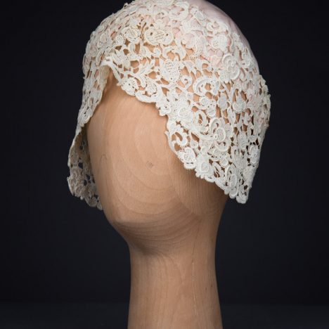 Guipure Lace & Silk Boudoir Cap, c.1920s, Great Britain. The Underpinnings Museum. Photography by Tigz Rice