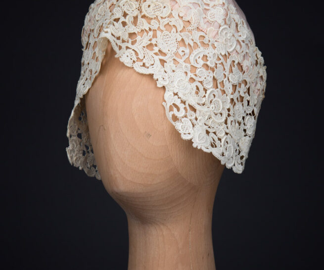 Guipure Lace & Silk Boudoir Cap, c.1920s, Great Britain. The Underpinnings Museum. Photography by Tigz Rice