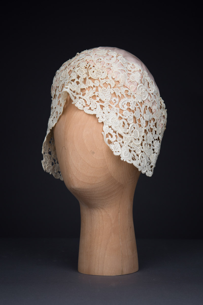 Guipure Lace & Silk Boudoir Cap, c.1920s, Great Britain. The Underpinnings Museum. Photography by Tigz Rice