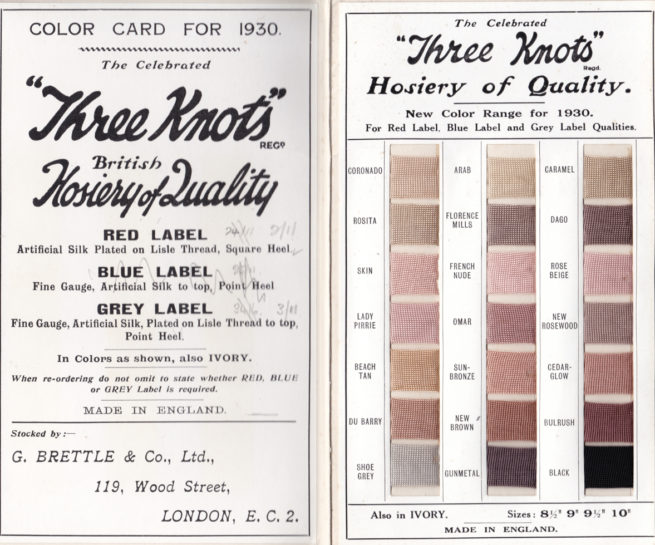 Three Knots Hosiery Colour Sample Card, 1930, Great Britain. The Underpinnings Museum