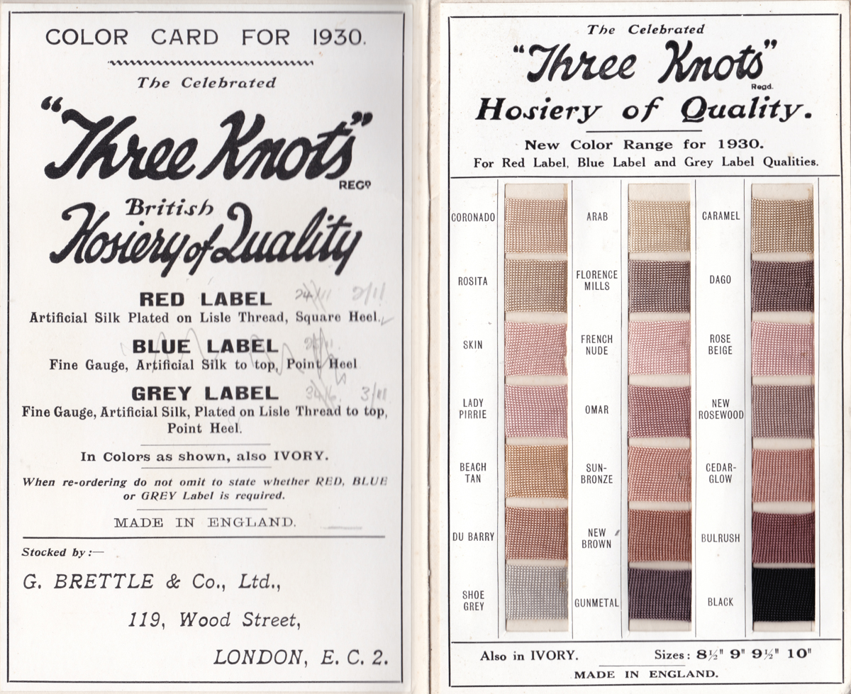 Three Knots Hosiery Colour Sample Card, 1930, Great Britain. The Underpinnings Museum