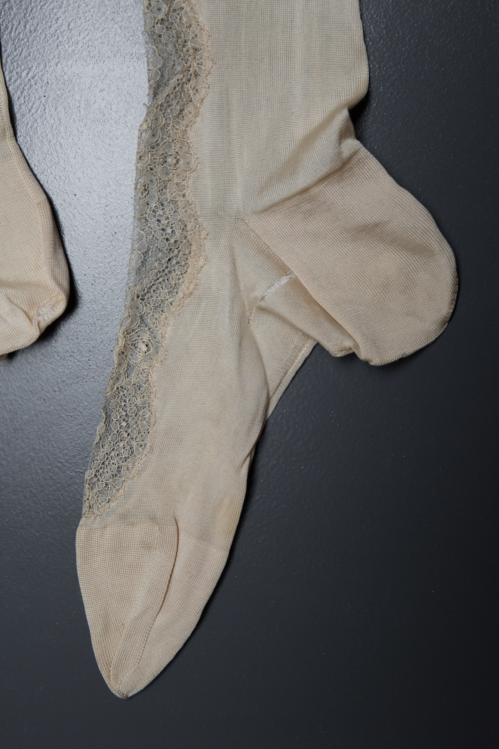 Cream Silk Stockings With Lace Inserts, c. 1900s, USA. The Underpinnings Museum. Photography by Tigz Rice