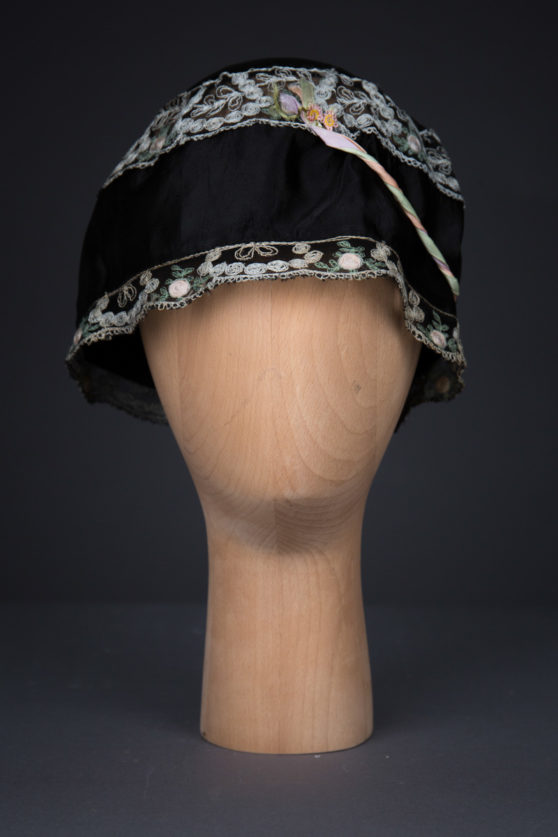 Black Silk Boudoir Cap With Machine Embroidered Trim & Ribbonwork | The ...