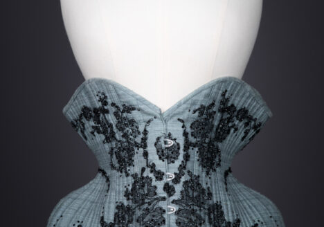 Blue Silk & Lace Appliqué Underbust Corset By Sparklewren, c. 2012, United Kingdom. The Underpinnings Museum. Photography by Tigz Rice.