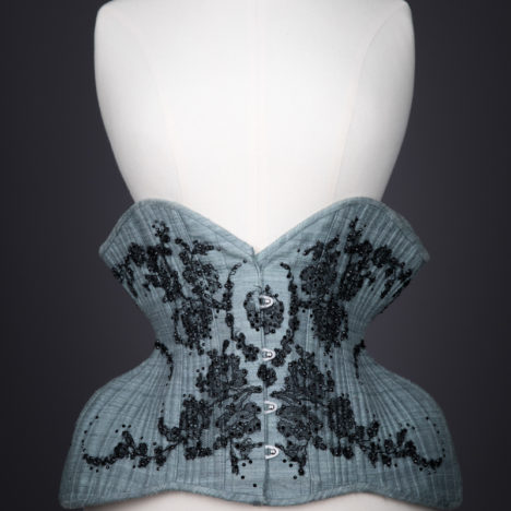 Blue Silk & Lace Appliqué Underbust Corset By Sparklewren, c. 2012, United Kingdom. The Underpinnings Museum. Photography by Tigz Rice.