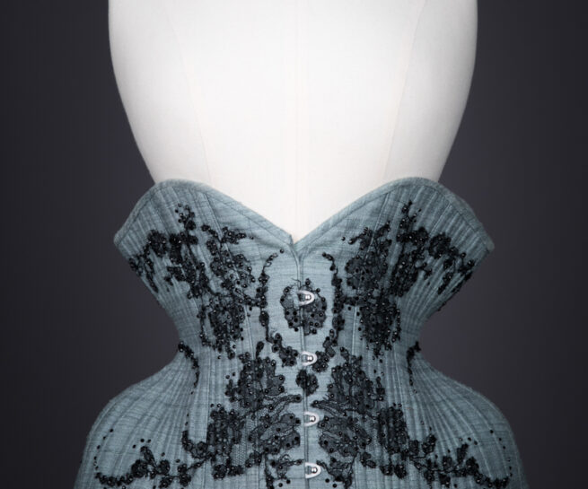 Blue Silk & Lace Appliqué Underbust Corset By Sparklewren, c. 2012, United Kingdom. The Underpinnings Museum. Photography by Tigz Rice.