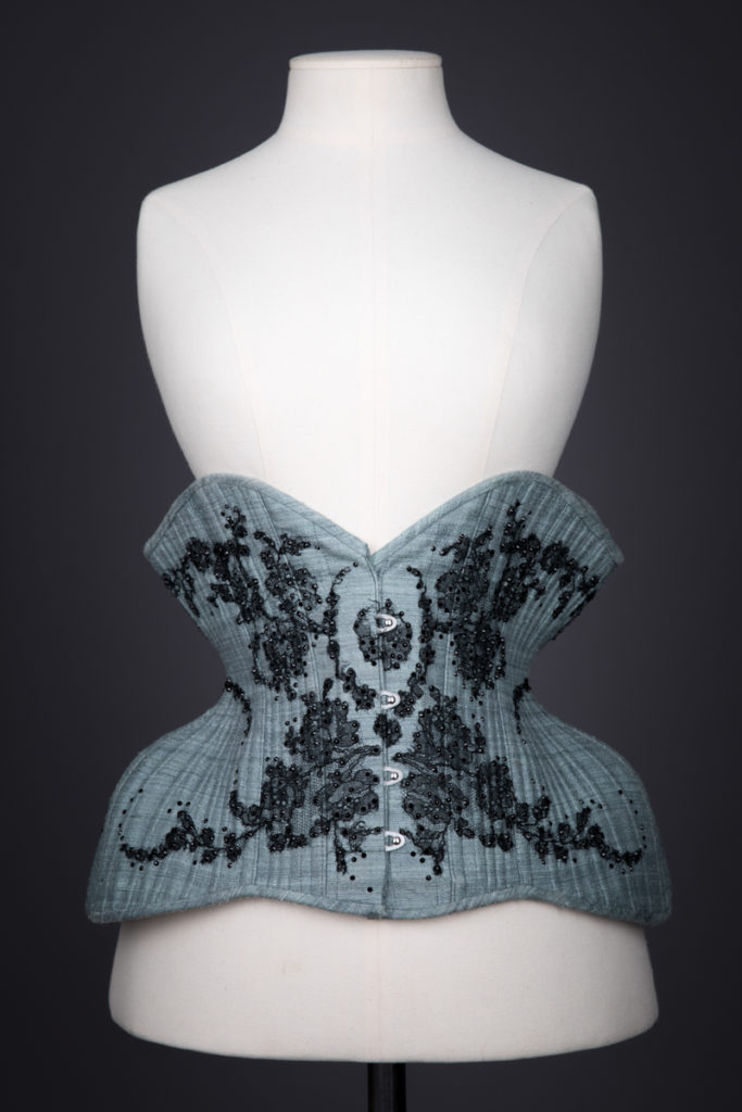 Blue Silk & Lace Appliqué Underbust Corset By Sparklewren, c. 2012, United Kingdom. The Underpinnings Museum. Photography by Tigz Rice.