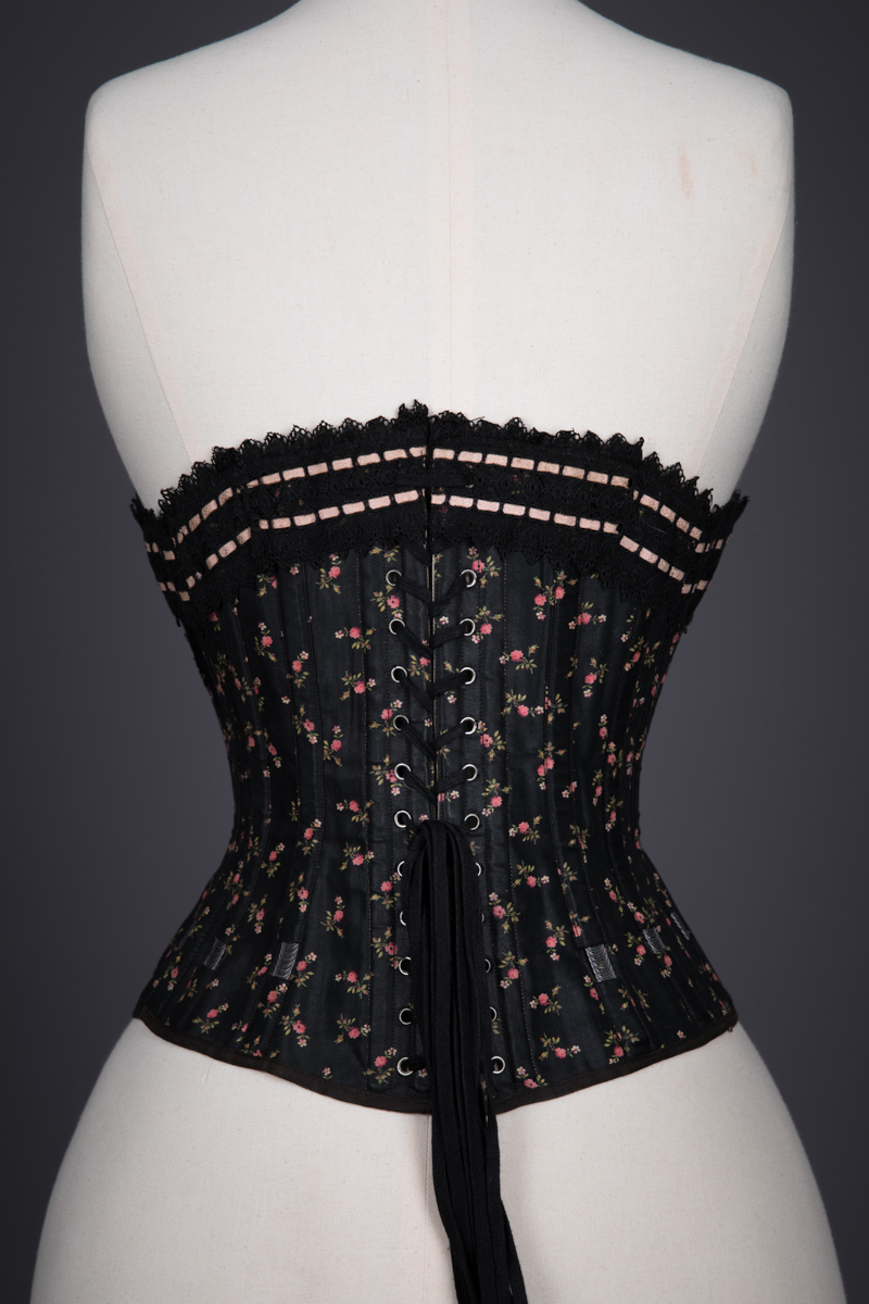 Floral Cotton Corset With Exposed Spiral Steel Bones & Ribbon Slot Lace ...