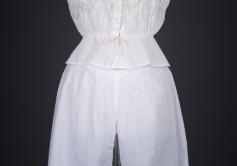 Embroidered Cotton Lawn Corset Cover & Split Drawers, c. 1880s-1890s, Great Britain. The Underpinnings Museum. Photography by Tigz Rice.