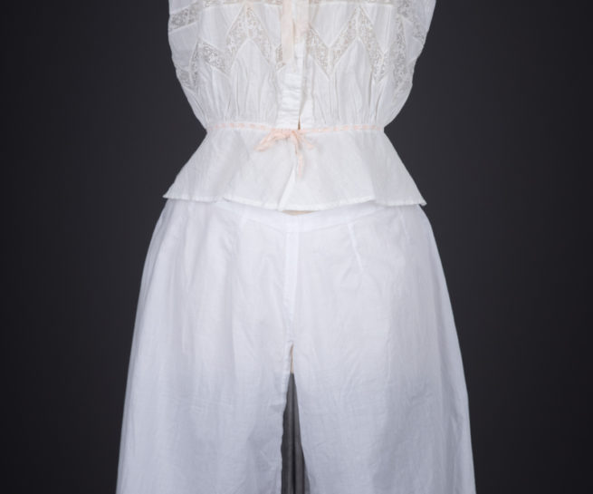 Embroidered Cotton Lawn Corset Cover & Split Drawers, c. 1880s-1890s, Great Britain. The Underpinnings Museum. Photography by Tigz Rice.