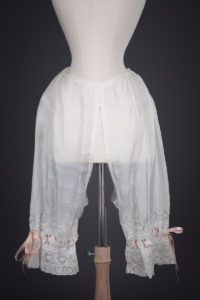 Silk Habotai Split Drawers With Embroidery, Lace & Silk Ribbon Slot Trim, c. 1910s, Great Britain. The Underpinnings Museum. Photography by Tigz Rice.