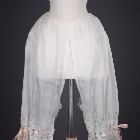 Silk Habotai Split Drawers With Embroidery, Lace & Silk Ribbon Slot Trim, c. 1910s, Great Britain. The Underpinnings Museum. Photography by Tigz Rice.