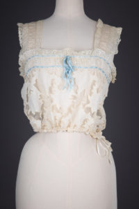 Cotton Tulle Corset Cover With Cotton Lawn Appliqué, Filet Lace Trims & Silk Ribbon, c. 1910s, Great Britain. The Underpinnings Museum. Photography by Tigz Rice.