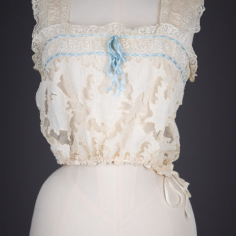 Cotton Tulle Corset Cover With Cotton Lawn Appliqué, Filet Lace Trims & Silk Ribbon, c. 1910s, Great Britain. The Underpinnings Museum. Photography by Tigz Rice.