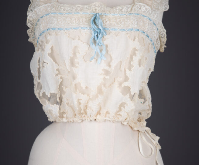Cotton Tulle Corset Cover With Cotton Lawn Appliqué, Filet Lace Trims & Silk Ribbon, c. 1910s, Great Britain. The Underpinnings Museum. Photography by Tigz Rice.