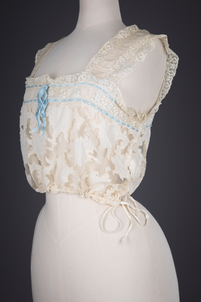 Cotton Tulle Corset Cover With Cotton Lawn Appliqué, Filet Lace Trims & Silk Ribbon, c. 1910s, Great Britain. The Underpinnings Museum. Photography by Tigz Rice.