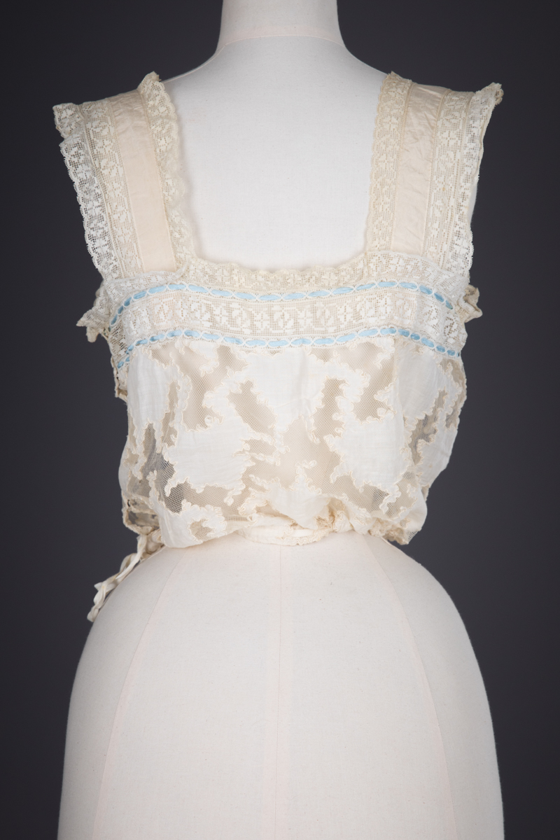 Cotton Tulle Corset Cover With Cotton Lawn Appliqué, Filet Lace Trims & Silk Ribbon, c. 1910s, Great Britain. The Underpinnings Museum. Photography by Tigz Rice.