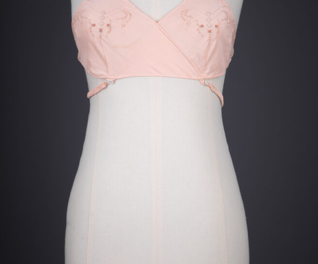 Embroidered Silk Crepe Kestos Style Bra, c. 1930s, Great Britain. The Underpinnings Museum. Photography by Tigz Rice