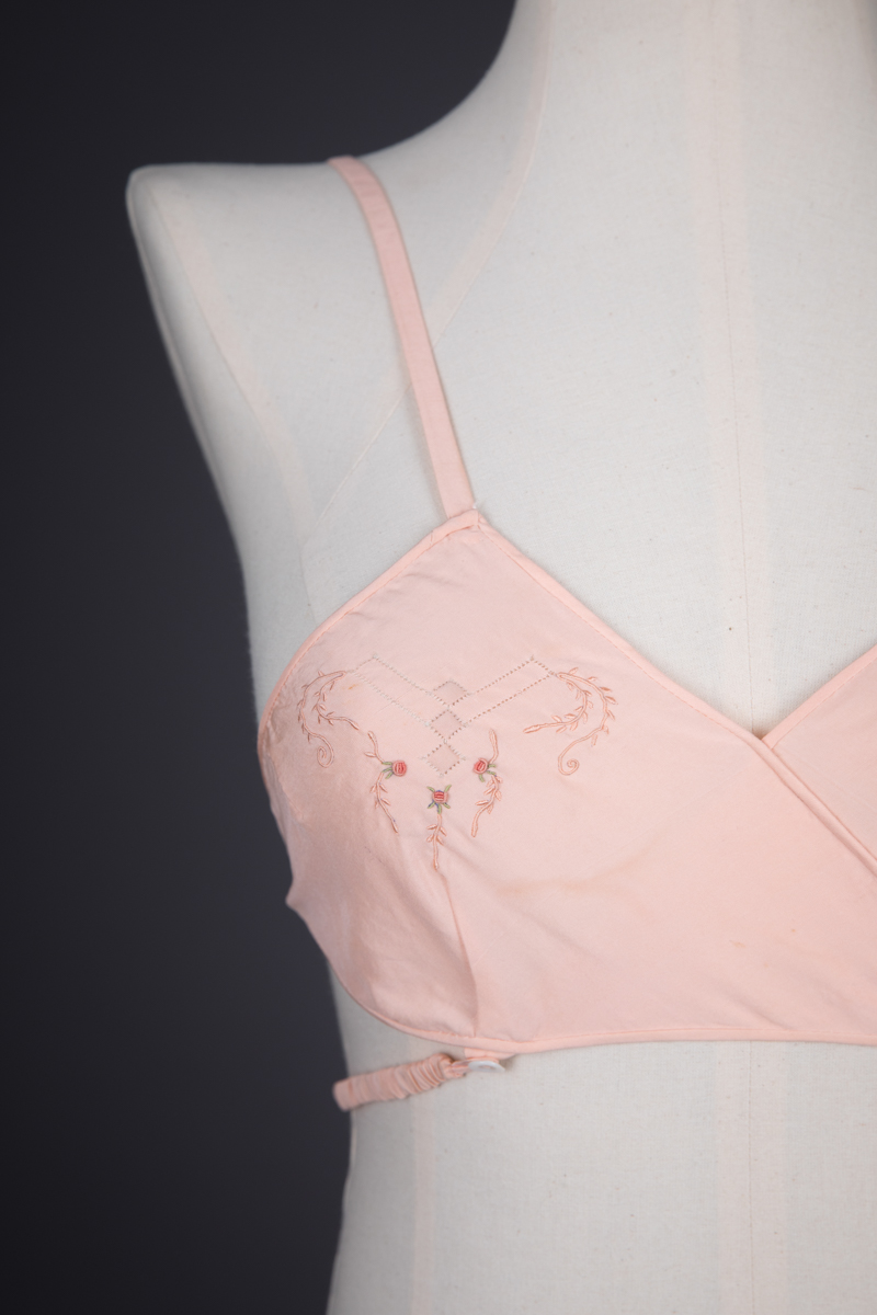Embroidered Silk Crepe Kestos Style Bra, c. 1930s, Great Britain. The Underpinnings Museum. Photography by Tigz Rice