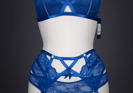 'Madame X' Electric Blue Stretch Lace & Satin Bra, Suspender Belt & Briefs By Dita Von Teese, 2017, Made in China, Designed in the USA. The Underpinnings Museum. Photography by Tigz Rice.
