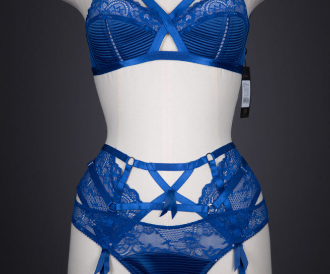 'Madame X' Electric Blue Stretch Lace & Satin Bra, Suspender Belt & Briefs By Dita Von Teese, 2017, Made in China, Designed in the USA. The Underpinnings Museum. Photography by Tigz Rice.